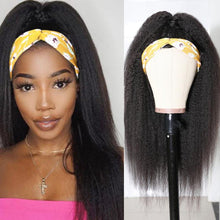 Load image into Gallery viewer, Msmerry Kinky Straight Human Hair Wigs With Headbands Attached Non Lace Front Wigs Black Color 180% Density