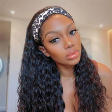 Load image into Gallery viewer, Msmerry Water Wave Human Hair Wigs With Headbands Attached Non Lace Front Wigs Black Color 180% Density