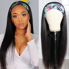Load image into Gallery viewer, Msmerry Straight Human Hair Wigs With Headbands Attached Non Lace Front Wigs Black Color 180% Density