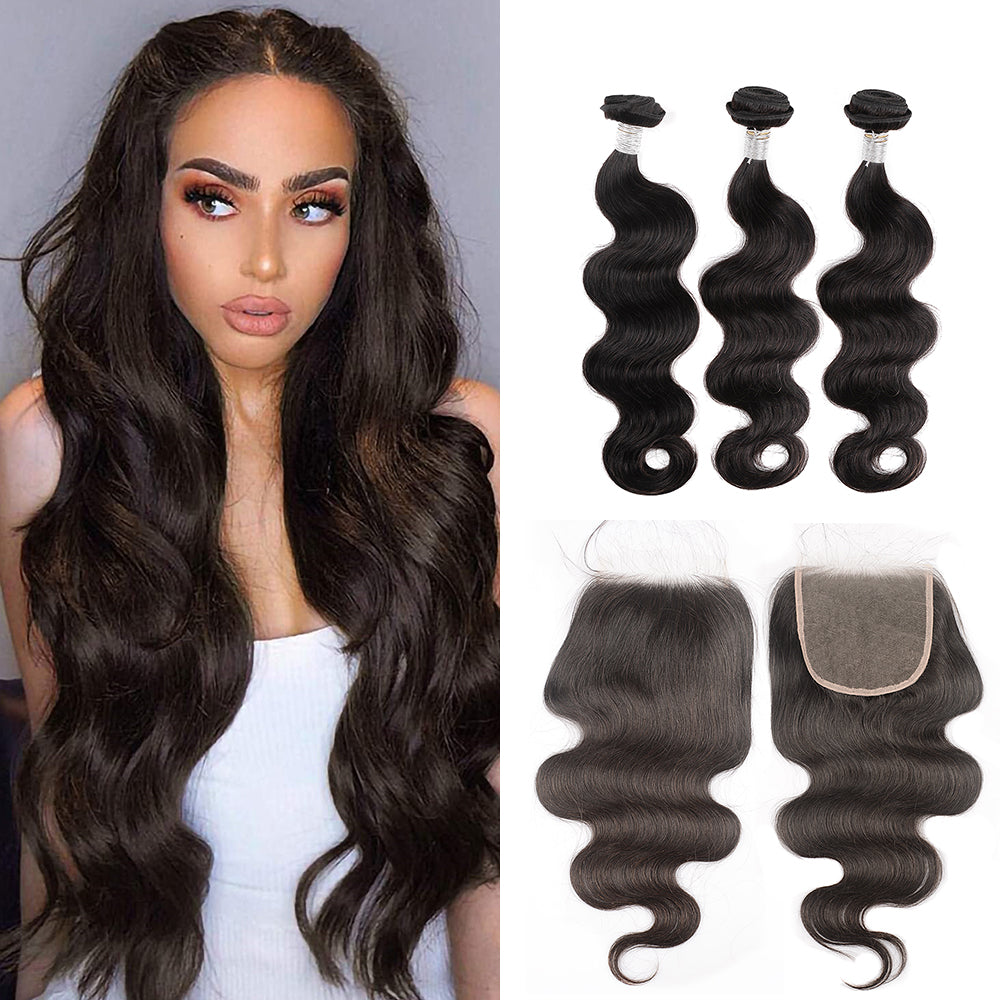 Msmerry Hair Bundles with 5x5 HD Lace Closure Invisible Knots Body Wave Hair Weaves Human Hair (1 Closure+ 3 Bundles)