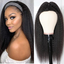 将图片加载到图库查看器，Msmerry Kinky Straight Human Hair Wigs With Headbands Attached Non Lace Front Wigs Black Color 180% Density
