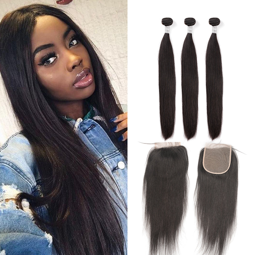 Msmerry Hair Bundles with 5x5 Swiss Lace Closure Invisible Knots Straight Wave Hair Weaves Human Hair (1 Closure + 3Bundles)